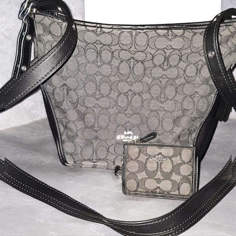 Coach Black And Grey Dufflette Crossbody Purse W/Matching Card Holder